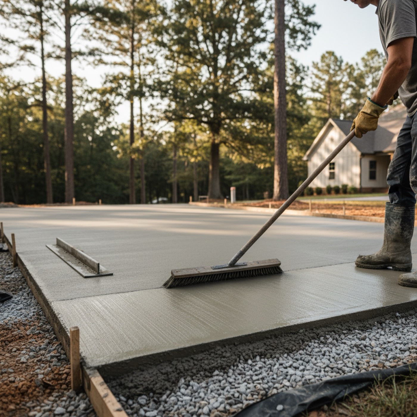 DFence Co broom-finishing a residential concrete driveway in Upstate SC