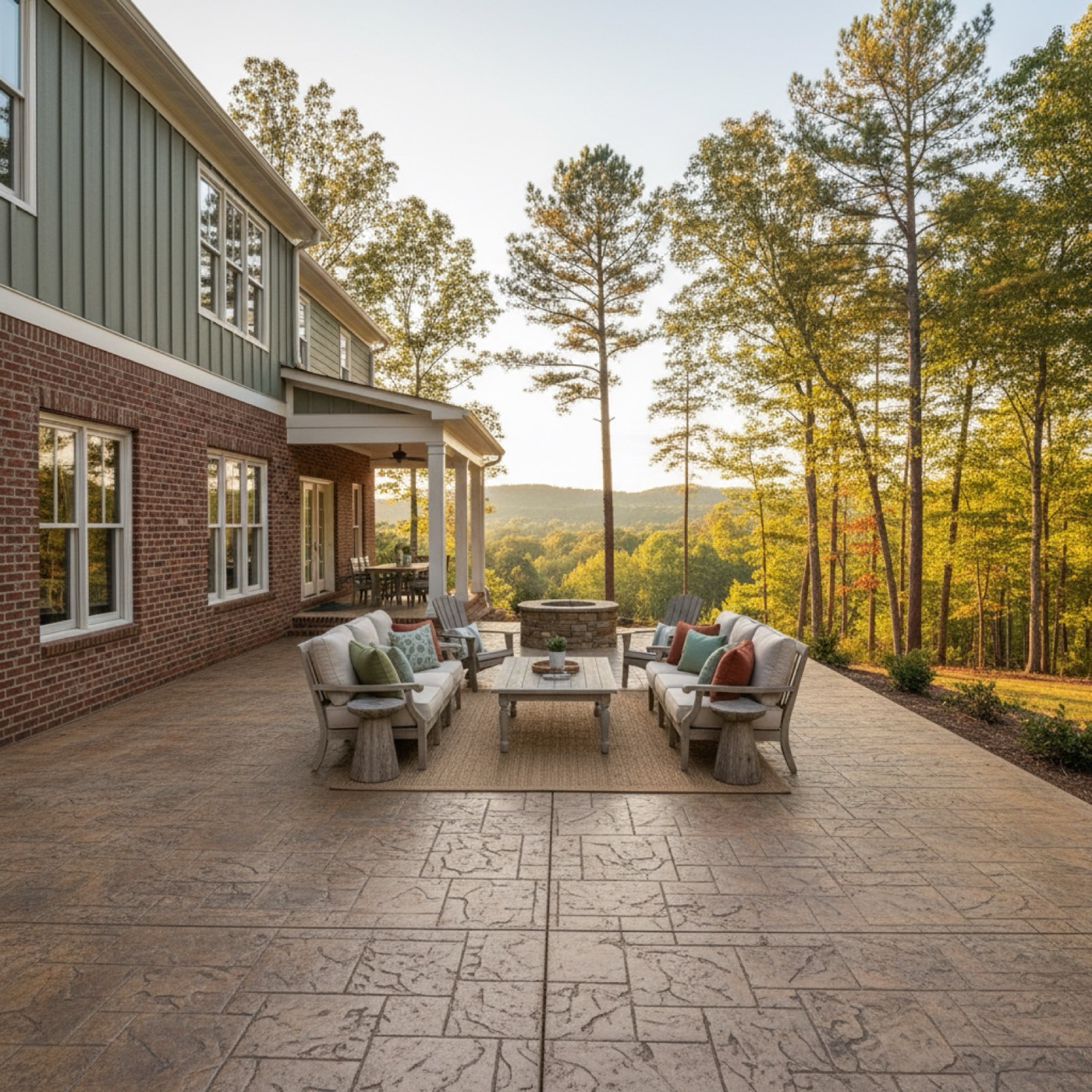 Wide stamped concrete patio behind an Upstate SC home in the ashlar slate pattern