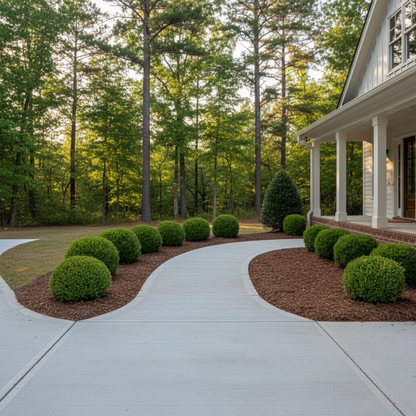 Poured concrete walkway curving from a residential driveway to a covered front porch in Upstate SC
