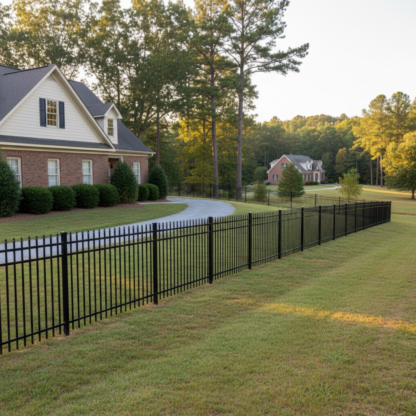 Black aluminum ornamental fence along the front yard of a Greenville-area Southern home