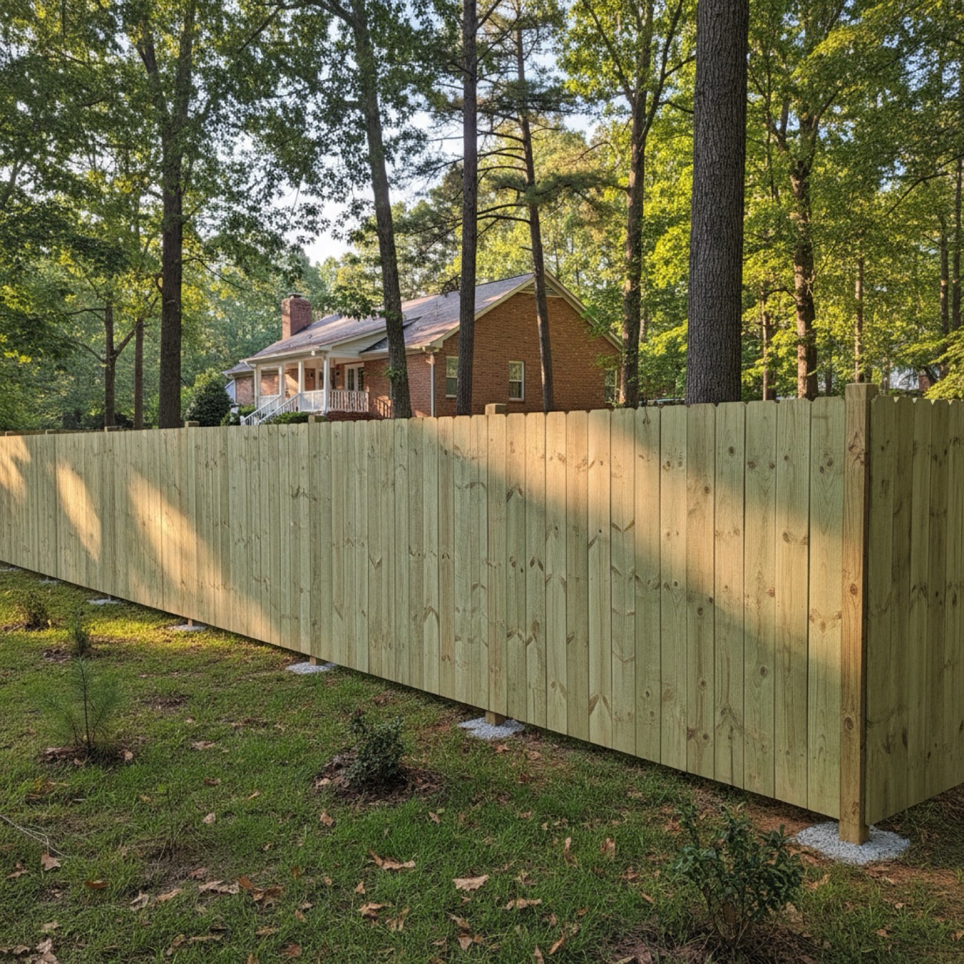 Six-foot board-on-board wood privacy fence in an Upstate SC backyard, pressure-treated pine, posts plumb