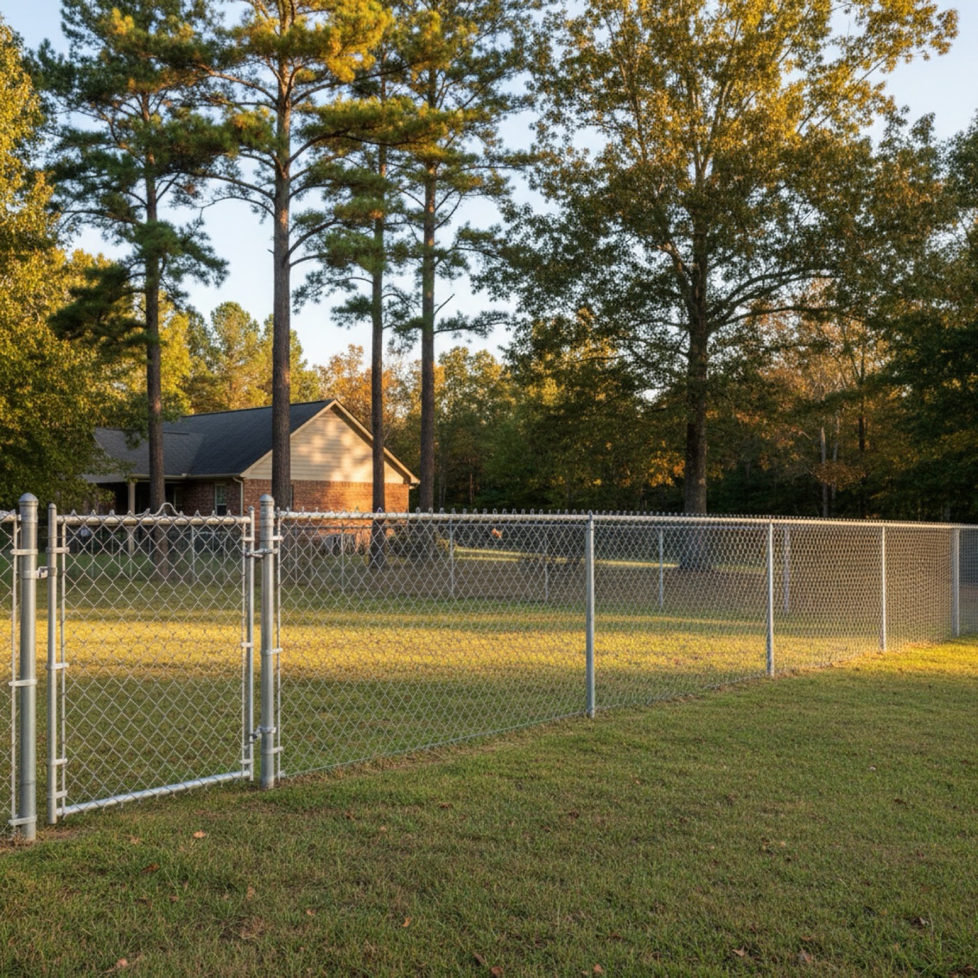 Galvanized chain link fence enclosing the back of a residential property in Upstate SC