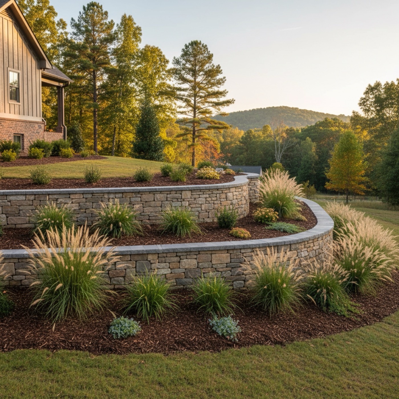 Stacked-stone retaining wall holding back a residential slope in Upstate SC with two planting terraces
