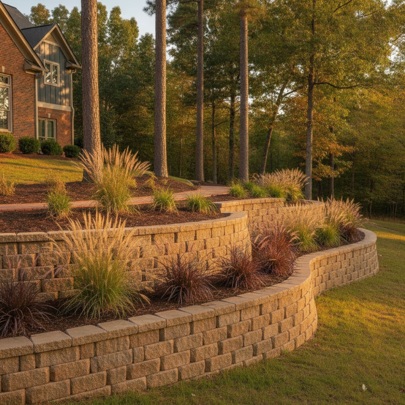 Paver patio with a herringbone pattern, central fire pit, and string lights overhead at dusk in Upstate SC