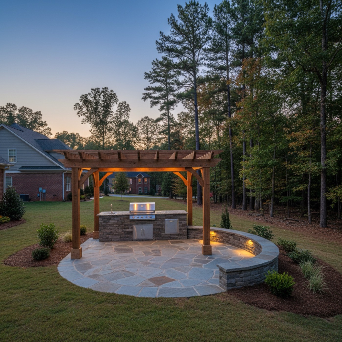 Outdoor living build with pergola, flagstone patio, and built-in stone grill in Upstate SC