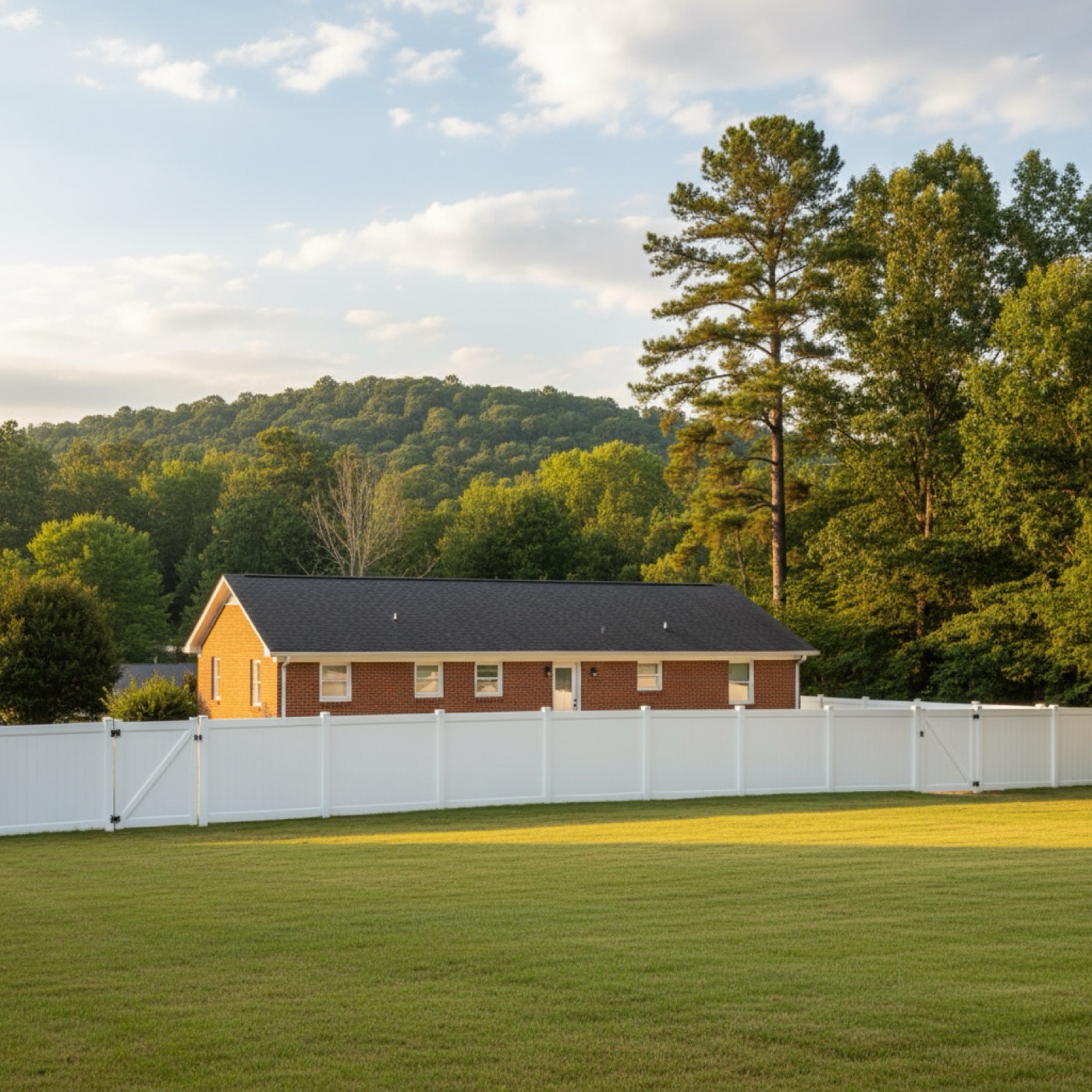 New white vinyl privacy fence around an Upstate SC backyard