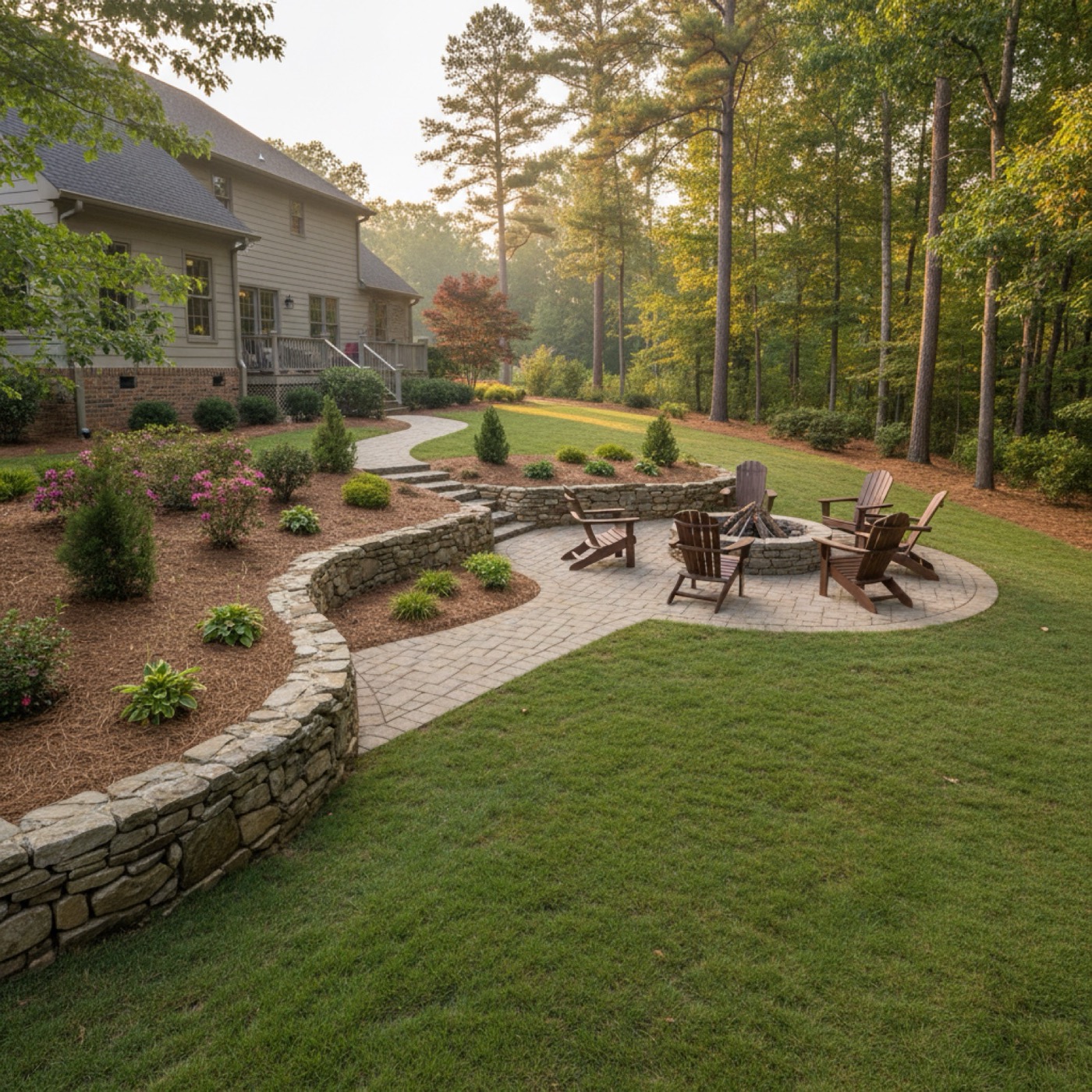 Tiered natural-stone retaining wall with paver walkway and built-in fire pit in an Upstate SC backyard