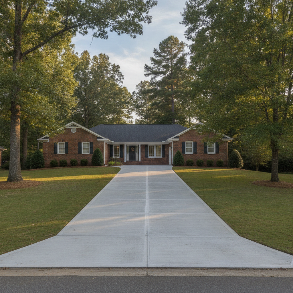 Finished broom-finish concrete driveway in front of an Upstate SC home