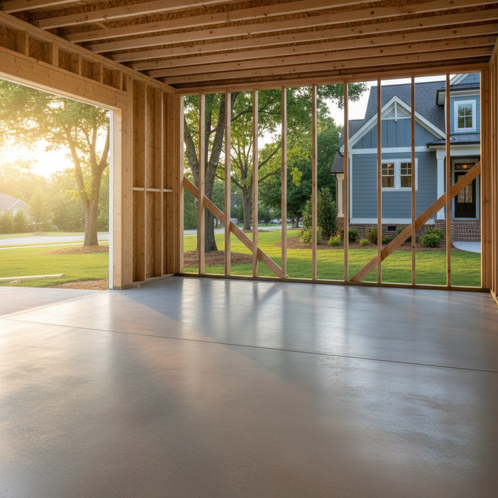 Garage concrete slab inside framed shell