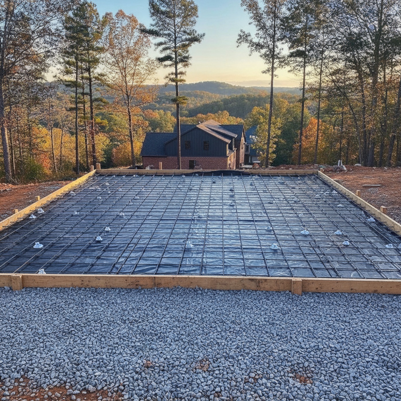 Rebar grid on stone sub-base before pour