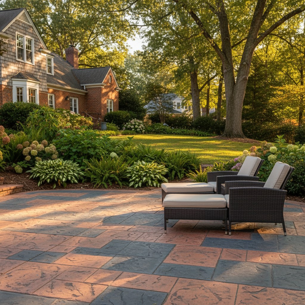 Stamped concrete patio in Southern backyard