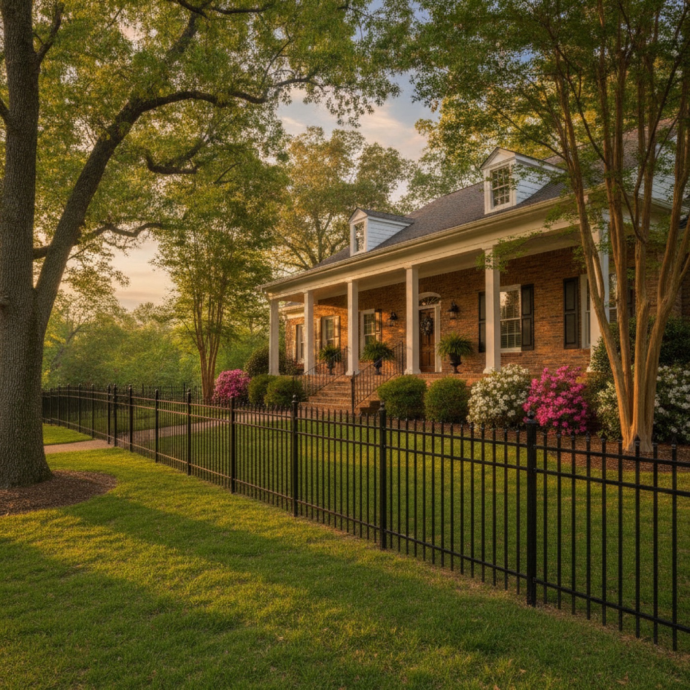 Black aluminum ornamental fence at residential entry in Greenville SC