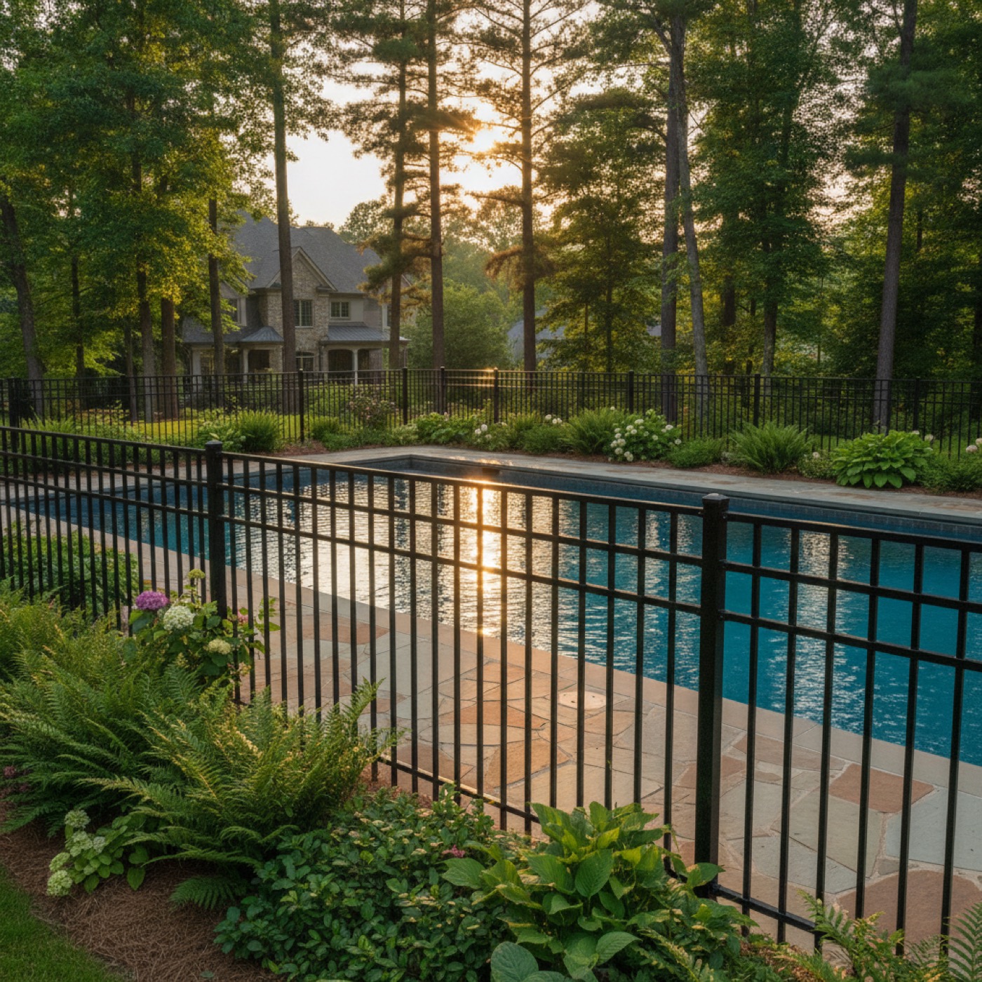 Black aluminum pool fence around residential in-ground pool in Upstate SC