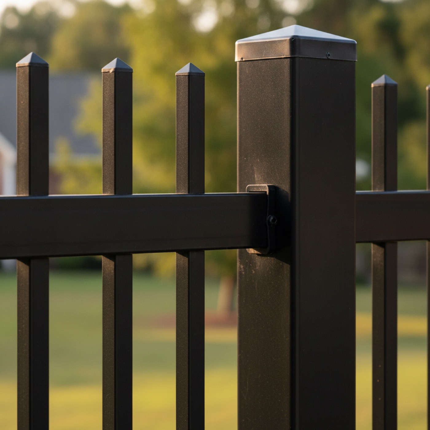Aluminum fence post and picket detail with powder-coat finish