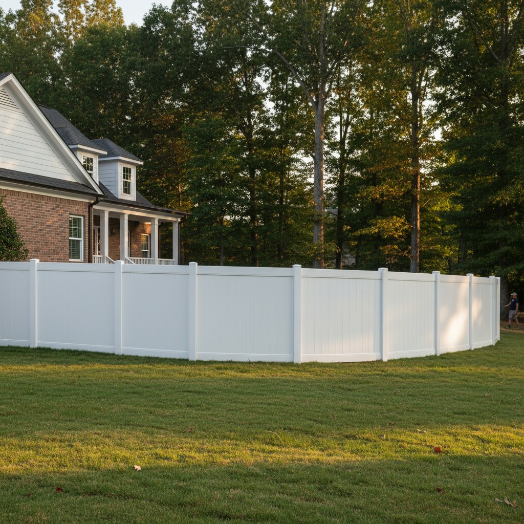 White vinyl privacy fence around Southern backyard