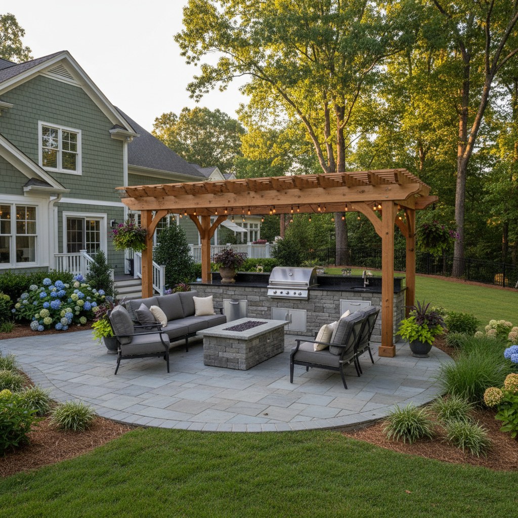 Backyard outdoor kitchen with pergola and string lights