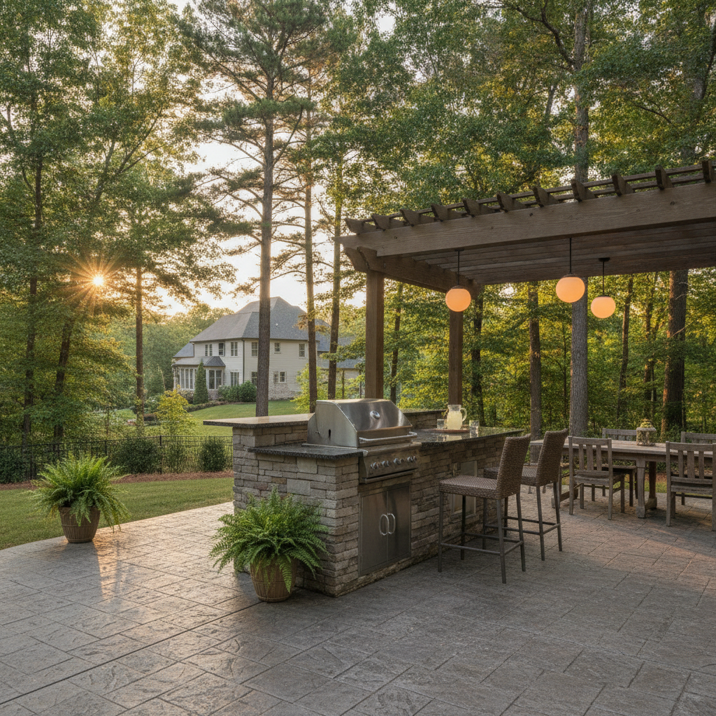 Finished outdoor kitchen with built-in grill and stone counter