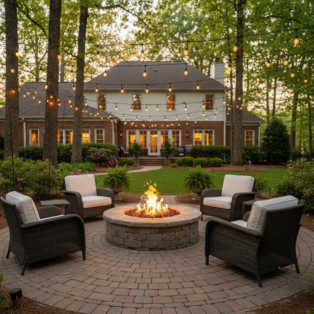 Paver patio with fire pit at dusk