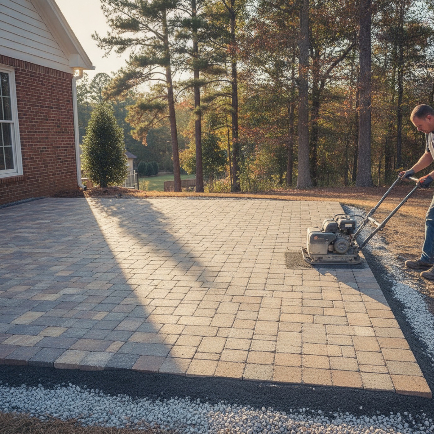 Hardscape crew screeding leveling sand