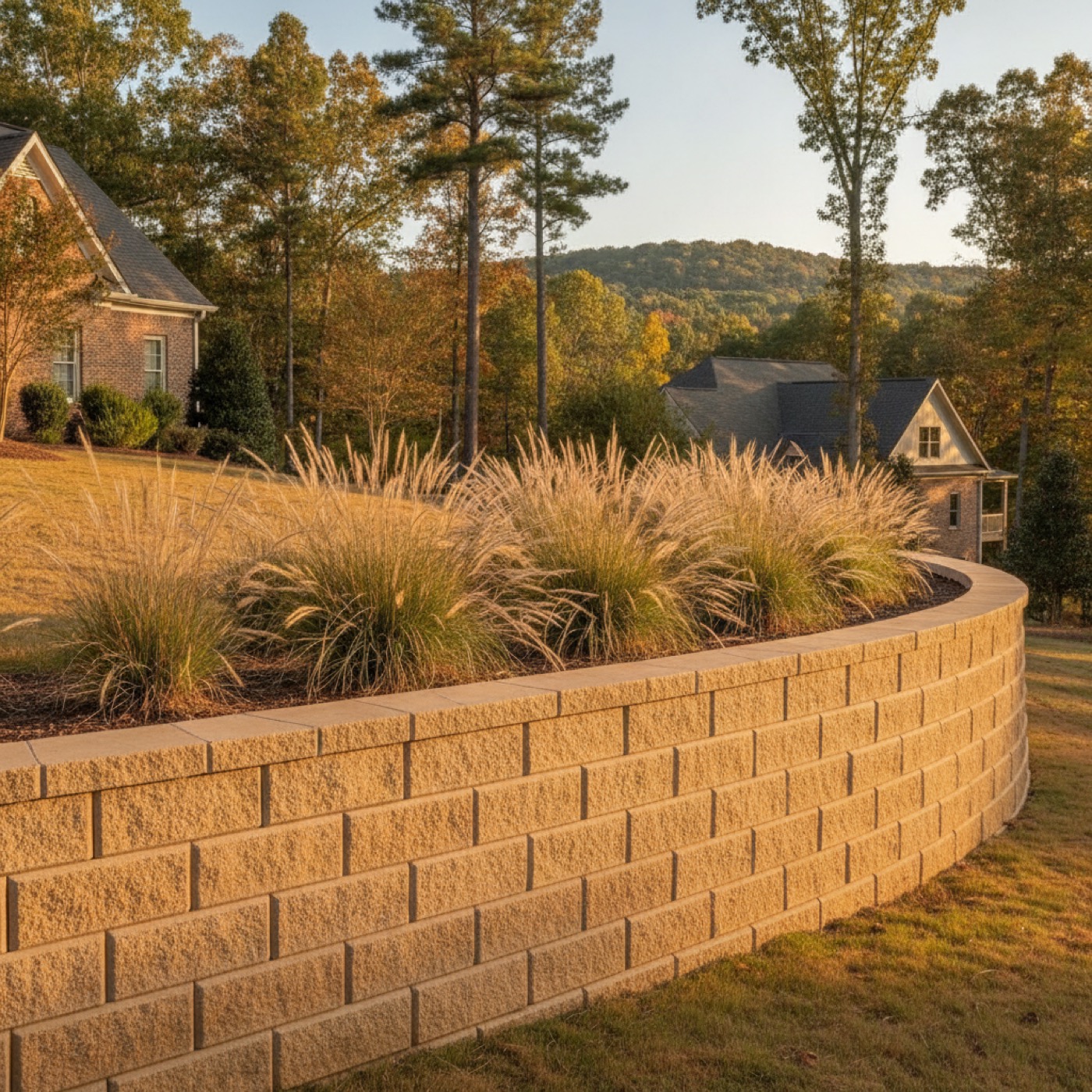 Segmental block retaining wall on sloped backyard