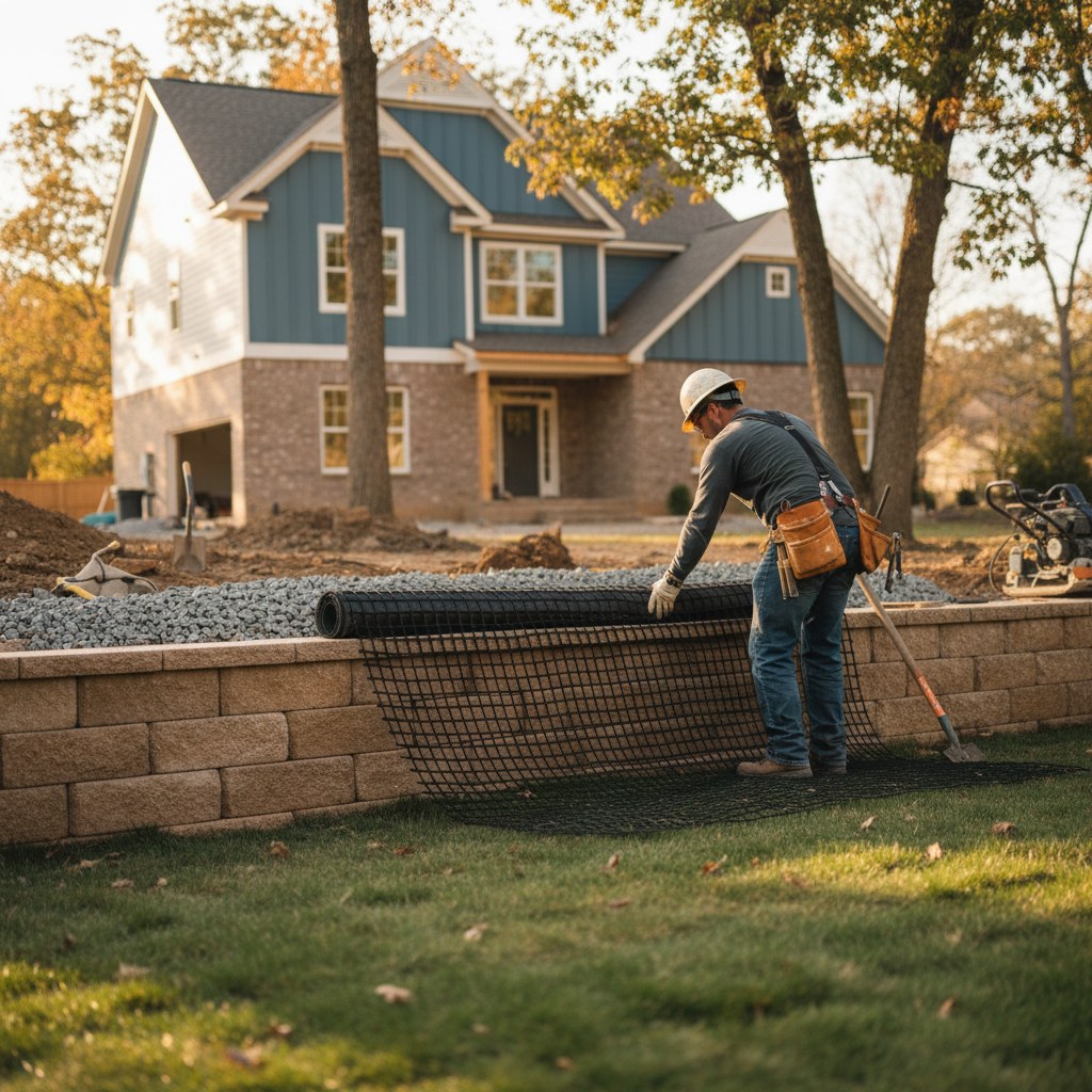 Geogrid layer behind retaining wall course