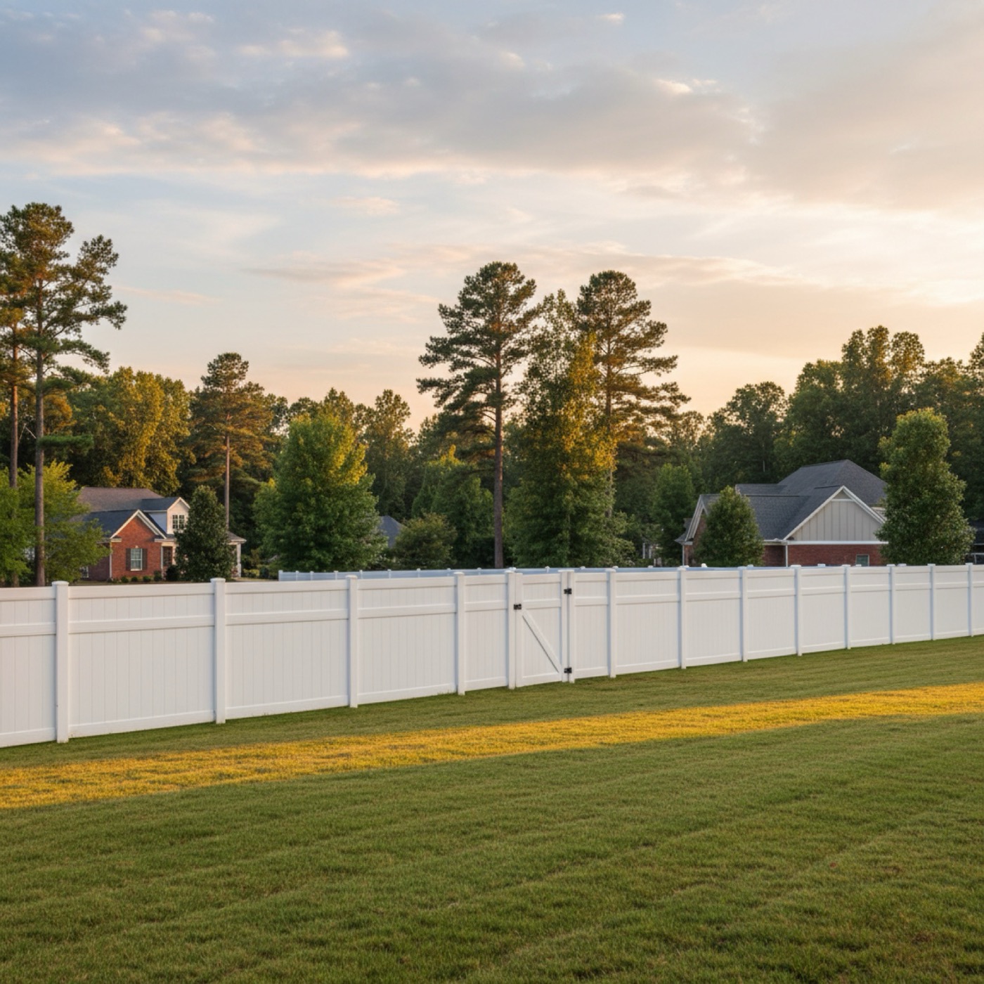 White vinyl privacy fence on a suburban Upstate SC property